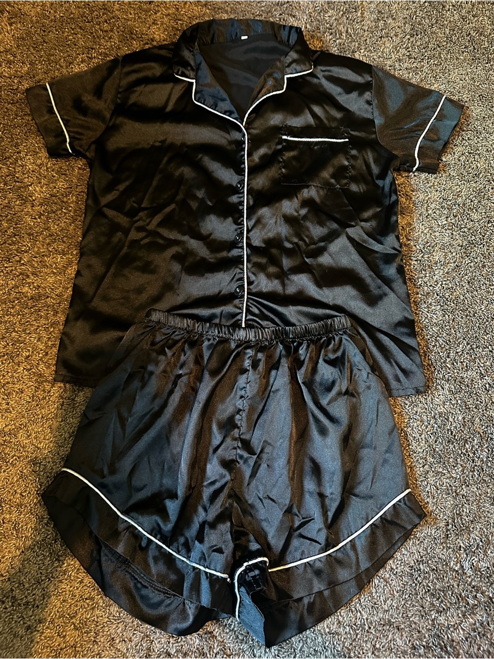 Target Black Satin Short Sleeve Pajama Set with White Piping